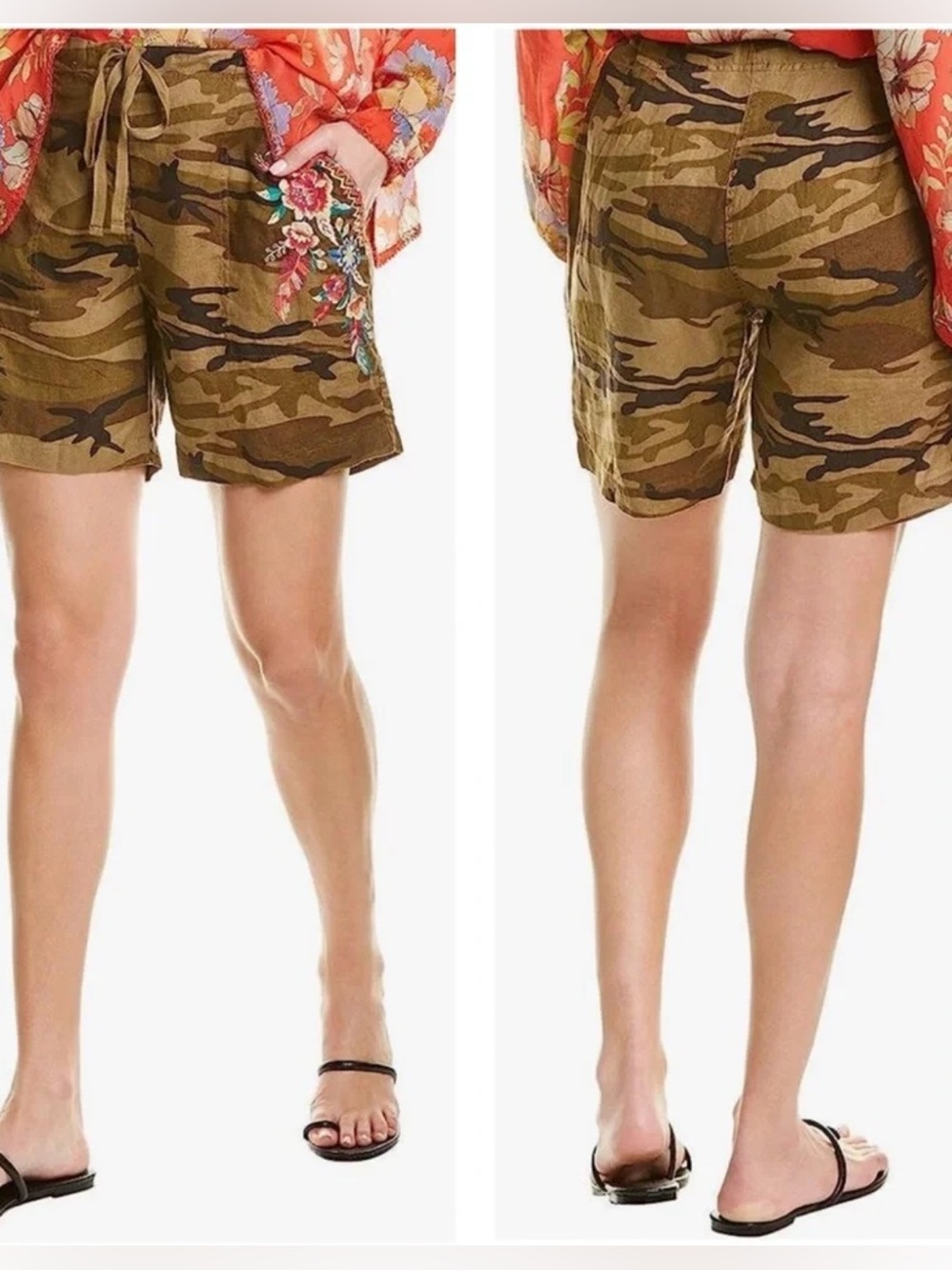 Johnny Was Molly Olive Camo Boho Floral Embroidered Linen Drawstring Shorts L